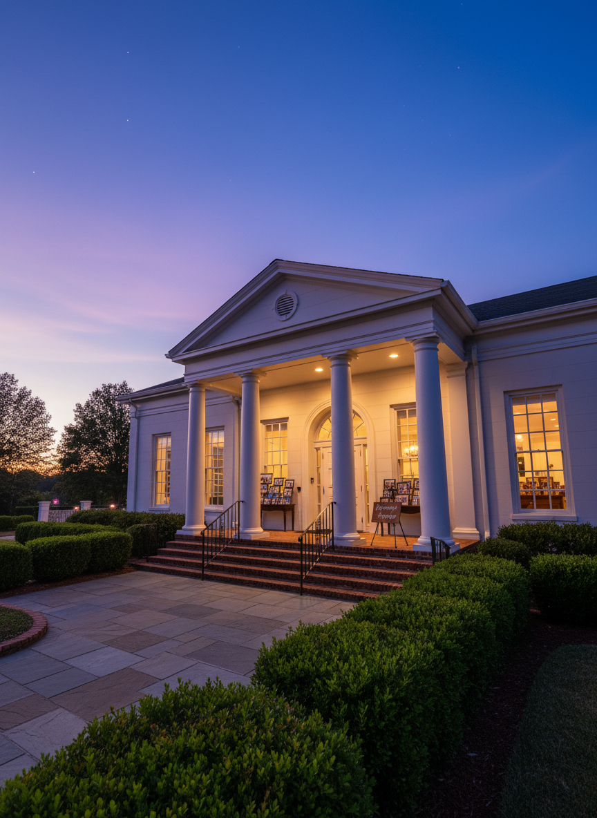 A refined evening scene outside a stately event venue in Raleigh, North Carolina, captured in photographic realism. The entrance features tall white columns, brick steps, and neatly trimmed boxwood hedges lining a stone pathway. Discreet signage for the family reunion stands on an easel near the door, its lettering too small to read. Warm, inviting light spills from tall windows, illuminating polished hardwood floors and glimpses of framed family photographs inside. Twilight sky above transitions from deep blue to soft purple, with a few early stars appearing. Shot at a slightly low angle to emphasize the building’s gracious architecture, the composition uses the rule of thirds, with crisp focus throughout. The mood is elegant, celebratory, and welcoming, suggesting a special evening honoring generations of the Watson family without any people visible.