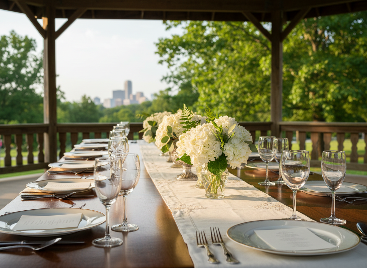 A long polished wooden banquet table meticulously set for a sophisticated family reunion dinner, with cream linen runners, vintage-style glass vases holding white hydrangeas and soft greenery, and neatly folded place cards without visible text. The table stretches beneath a pavilion in a manicured Raleigh, North Carolina park, with lush green trees and a subtle glimpse of the city skyline in the distant background. Warm late-afternoon sunlight filters through branches, creating dappled highlights on silverware and glassware. Photographic realism at eye level, with a shallow depth of field that keeps the foreground place settings in crisp focus while the background softly blurs, evoking a refined, welcoming atmosphere built on tradition and togetherness without showing any people.