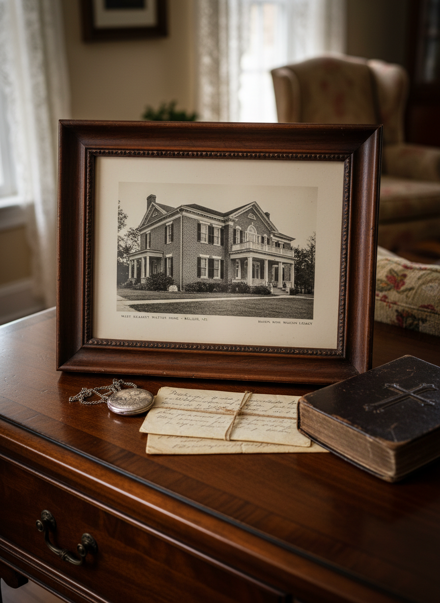 An elegantly framed black-and-white photograph resting on a dark walnut sideboard, depicting a historic family home from the 1930s, its porch railings and brickwork rendered with fine detail. Around the frame lie small heirlooms: a silver locket, a worn leather-bound Bible, and a pair of neatly stacked handwritten letters, their cursive just out of focus. Soft window light from the left washes across the scene, creating gentle highlights on the glass and subtle shadows behind the objects. The setting feels like a quiet corner of a Raleigh living room in a well-kept Southern home. Captured in photographic realism with a slightly elevated angle, the mood is nostalgic, dignified, and reverent, honoring family roots and the legacy of Mary Kearney Watson and Marion King Watson without depicting any people.